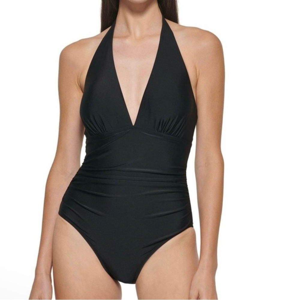 DKNY Black Plunge One-Piece Swimsuit